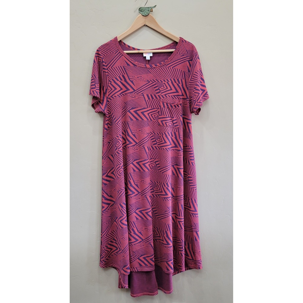 LuLaRoe Carly Dress XL Pink Purple Geometric Zig Zag High Low Short Sleeve